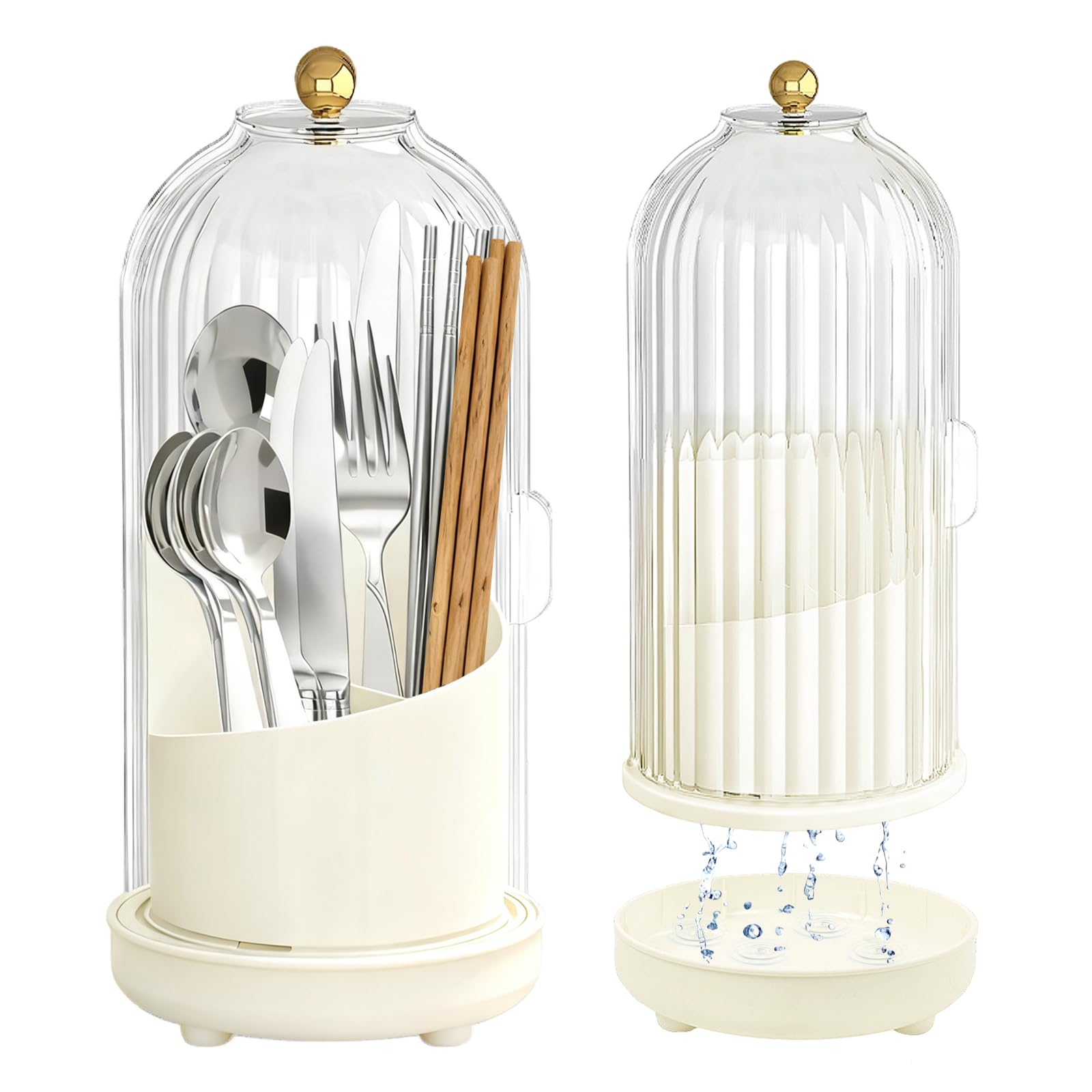 Kitchen Utensil Holder with Sliding Lid and Draining Tray, Self Draining 360° Rotating 3-Slot Kitchen Countertop Organizer Cooking Utensil Crock for