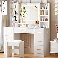 ANWBROAD 39.4" White Makeup Vanity Desk with LED Lighted Mirror, 3-Color Lights, Power Outlet, Drawers & Stool for Bedroom