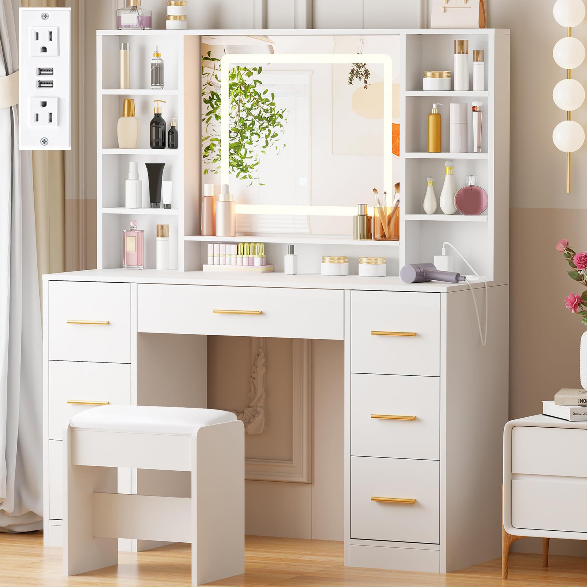 Amazon.com: ANWBROAD Vanity Desk Table with Lighted Mirror 39.4“ Girls  Makeup Vanity with Power Outlet 3 Colors Lighting Adjustable Brightness  Vanity Table for Women Bedroom Dressing Room White UBDT65W : Home & Kitchen