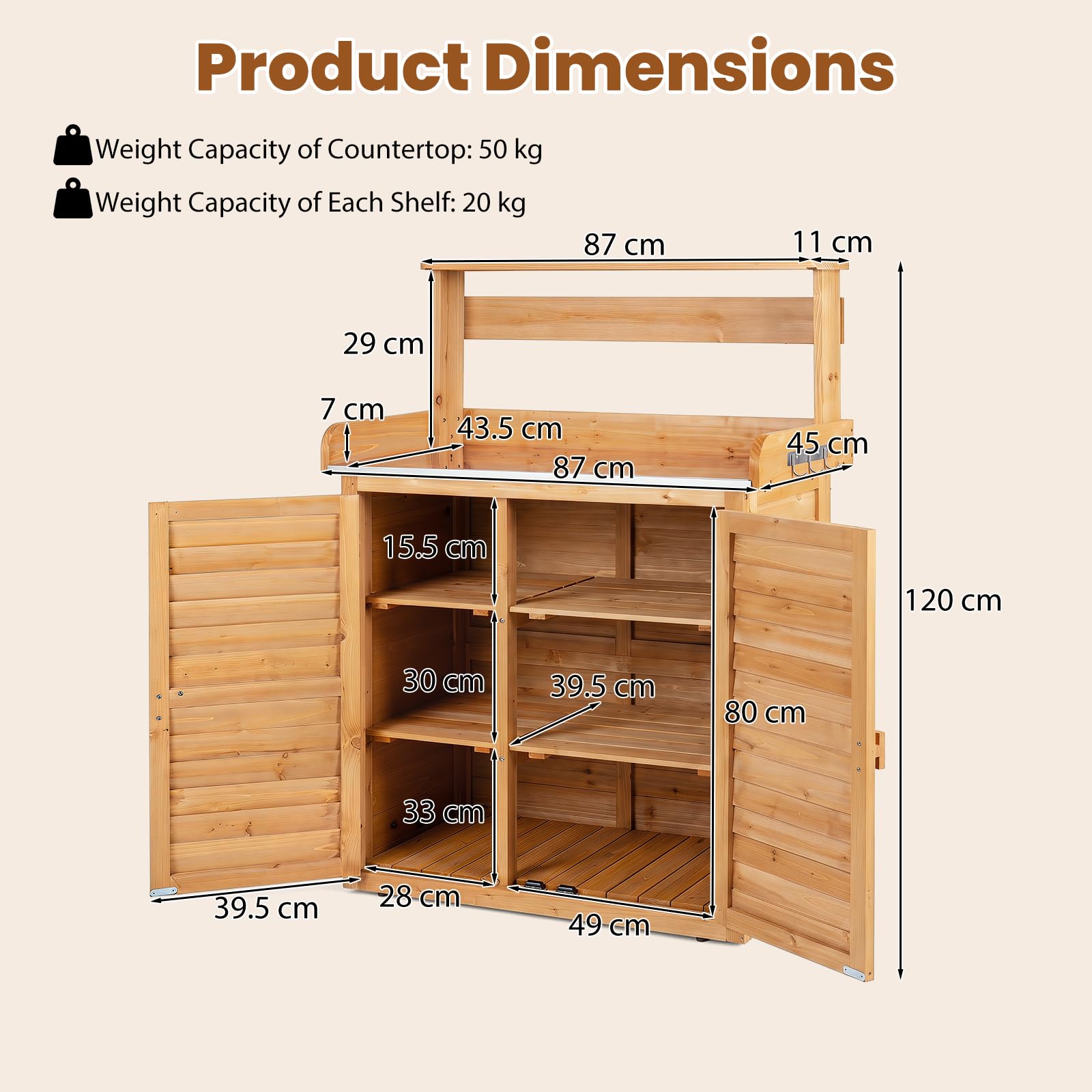 COSTWAY Pflanztisch Holz, wetterfester Gärtnertisch mit Unterschrank | Edelstahl Arbeitsplatte, oberes Regal & 3 Seitenhaken, Geräteschrank für Garten, Balkon & Terrasse, 87 x 45 x 120 cm (Gelb)