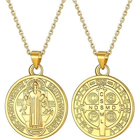 U7 Saint Benedict/Michael Medal Necklace, 316L Stainless Steel Virgin Mary Necklace for Men Women, Bible Verse Protection Necklace Catholic Jewelry,22