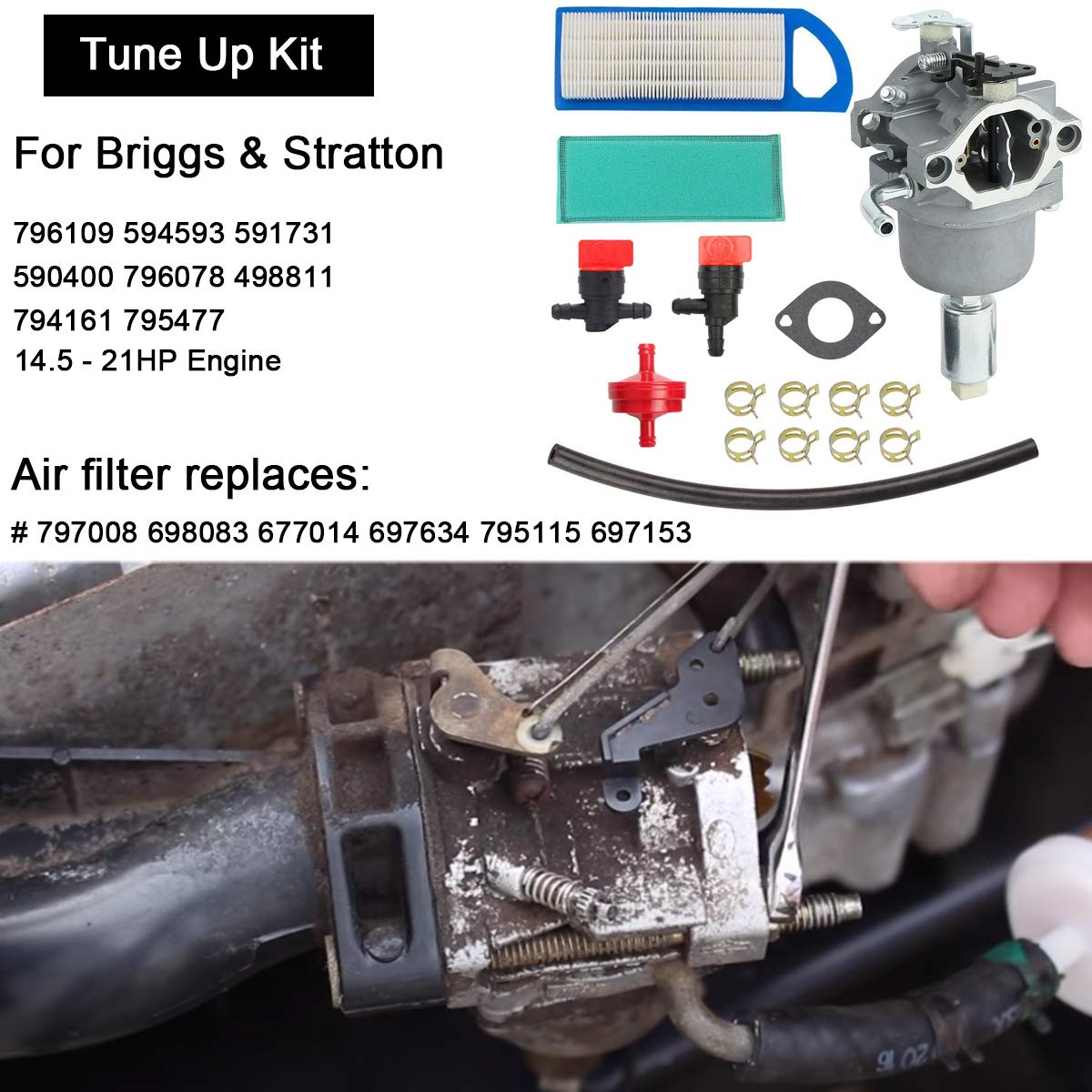 ZAMDOE 796109 Carburador para Briggs & Stratton 594593 591731 590400 796078 498811 794161 795477 14.5HP - motor 21HP, kit de ajuste con junta, filtro de aire, línea de combustible