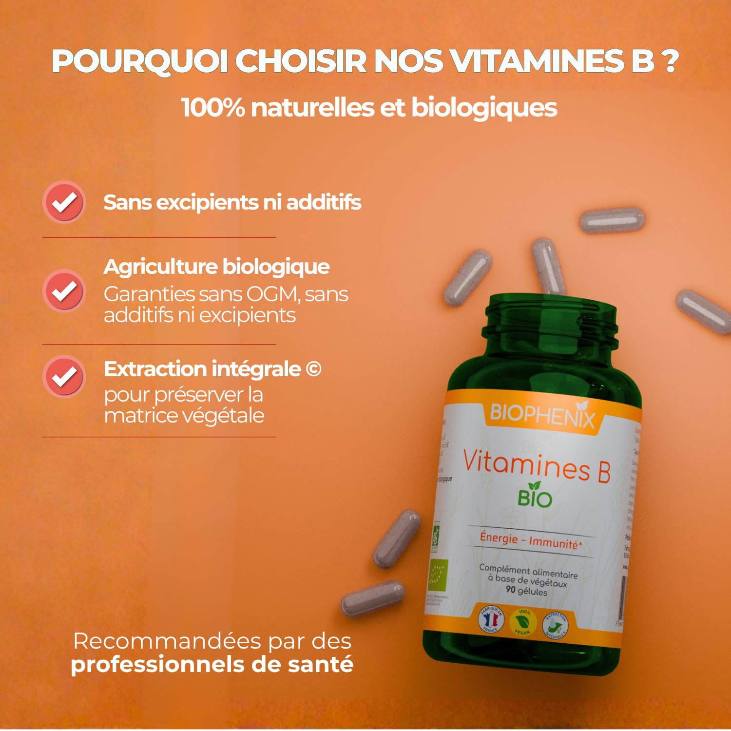 Biophénix - Vitamines B Bio 90 Gélules - 100% Naturel à Base de Végétaux - Énergie, Vitalité & Système Nerveux - Vitamines B1, B2, B3, B5, B6, B8, B9 et B12 - Fabriqué en France - Vegan
