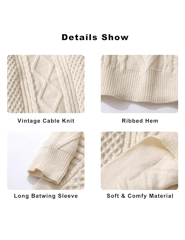 Vamtac Cable Knit Sweater Women Solid Oversized Pullover Sweaters Casual Vintage Crewneck Woven Tops Cream M by Vamtac - Used condition - Image 5