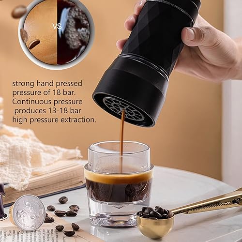 Miniatura 2 de Cafetera manual de mano con presión de 18 bares, cafetera portátil de viaje para cápsulas de tierra, acampar al aire libre, senderismo (negro)