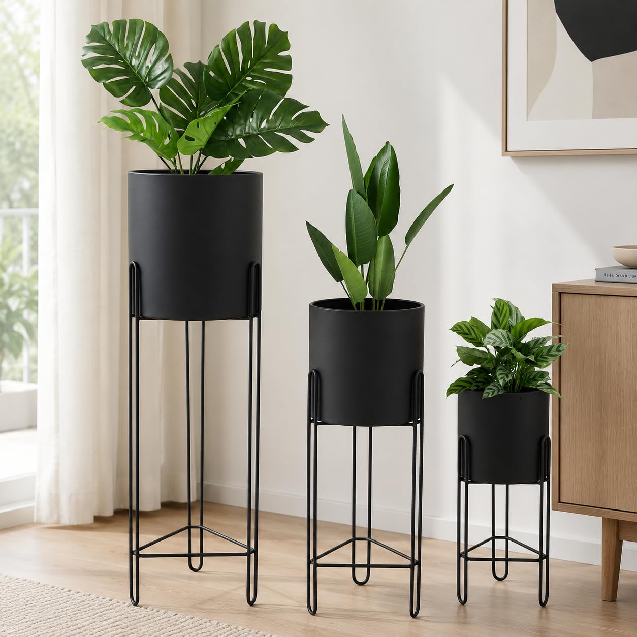TRIROCKS Lot de 3 pots de fleurs avec support pour plantes d'intérieur de 73,7 cm, 45,7 cm et 30,5 cm pour salon, coin, cuisine, bureau, jardin, balcon, terrasse (noir)