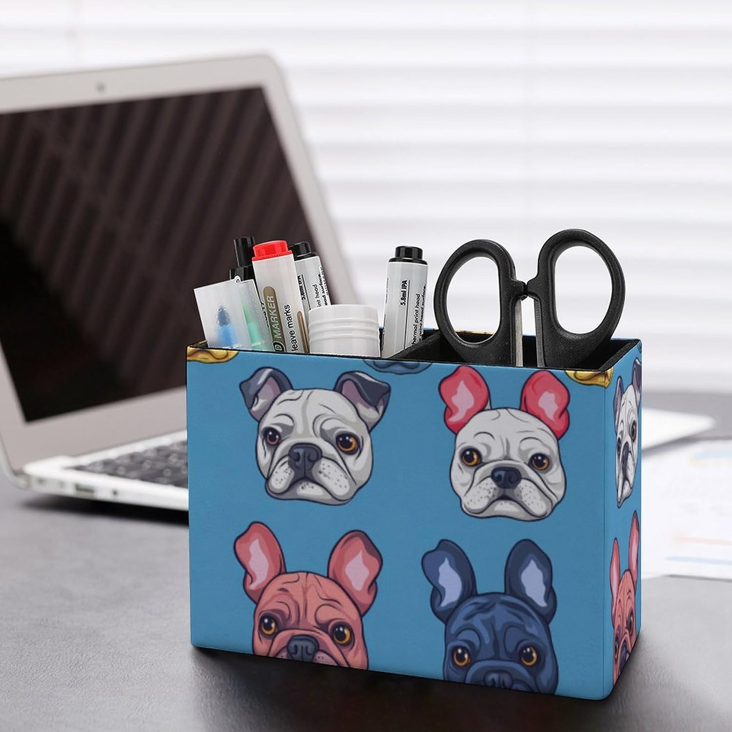 French Bulldog Pencil Pen Holder PU Leather Desk Storage Organizer Makeup Brush Box