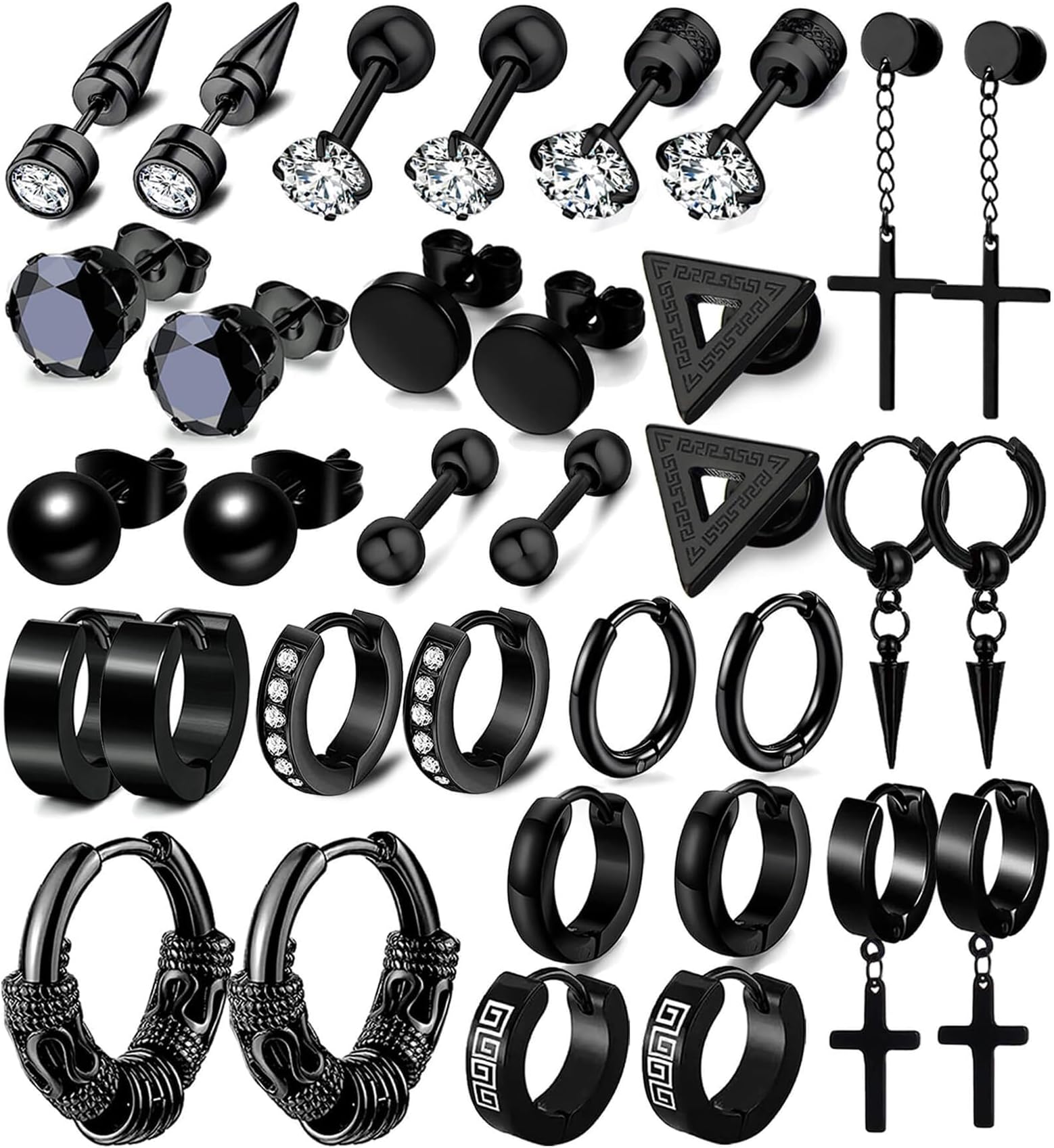 17 Pairs Earrings for Men, Stainless Steel Earrings For Men Sensitive Skin, Black Fashion Earring Piercing Jewelry Cross Dangle Hoop Earrings Kit Studs Long-lasting Shine, Stainless Steel, Cubic