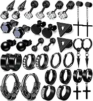 17 pares de brincos para homens, brincos de aço inoxidável para homens pele sensível, brincos pretos moda piercing joias cruz pingente kit brincos de argola hipoalergênicos brincos de brilho de longa duração, Aço inoxidável, Zircônia cúbica