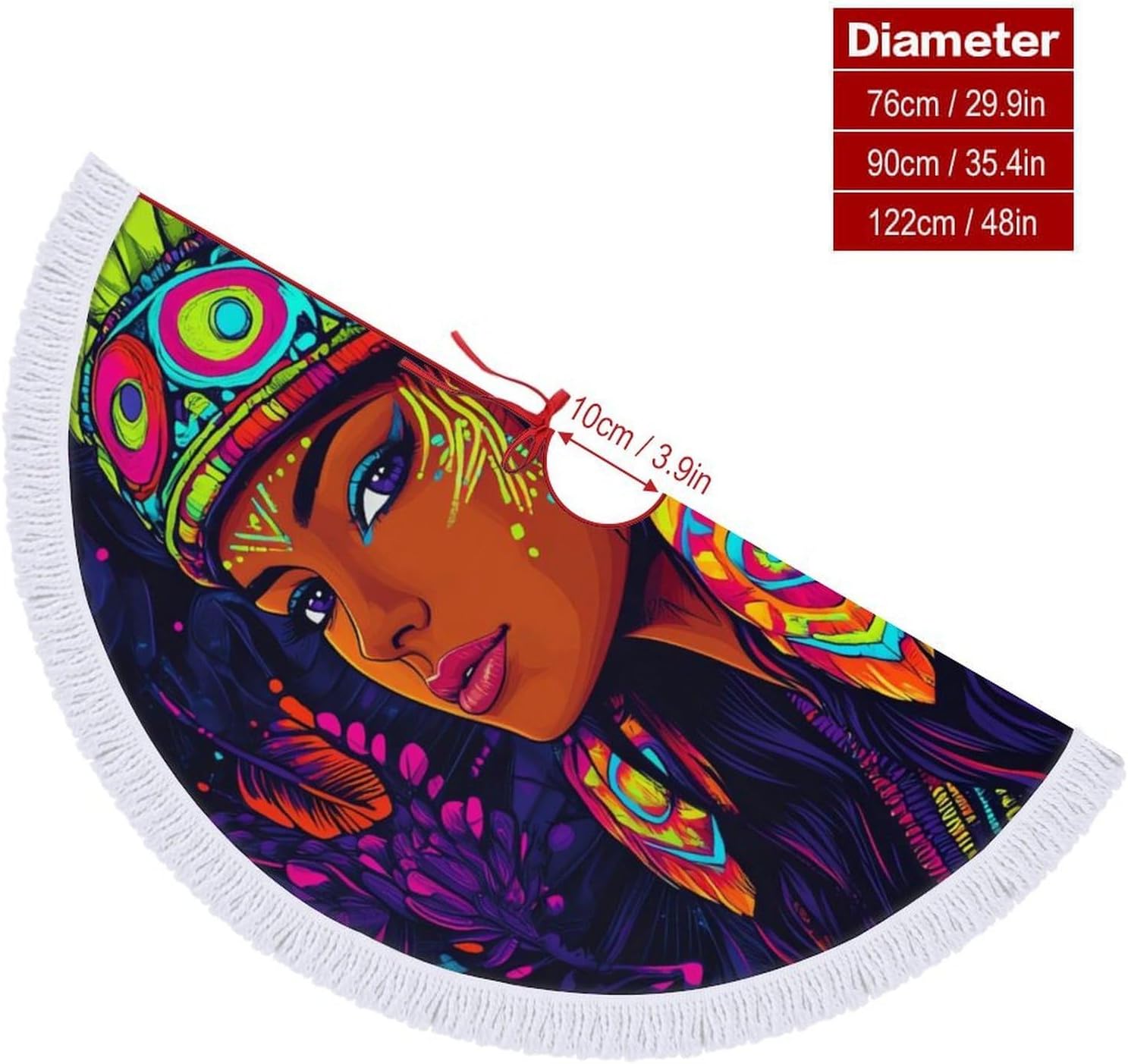 African Indian Tribal Woman Christmas Tree Skirt Round Xmas Tree Mat Ornaments Tree Skirts with Tassels for Holiday Party