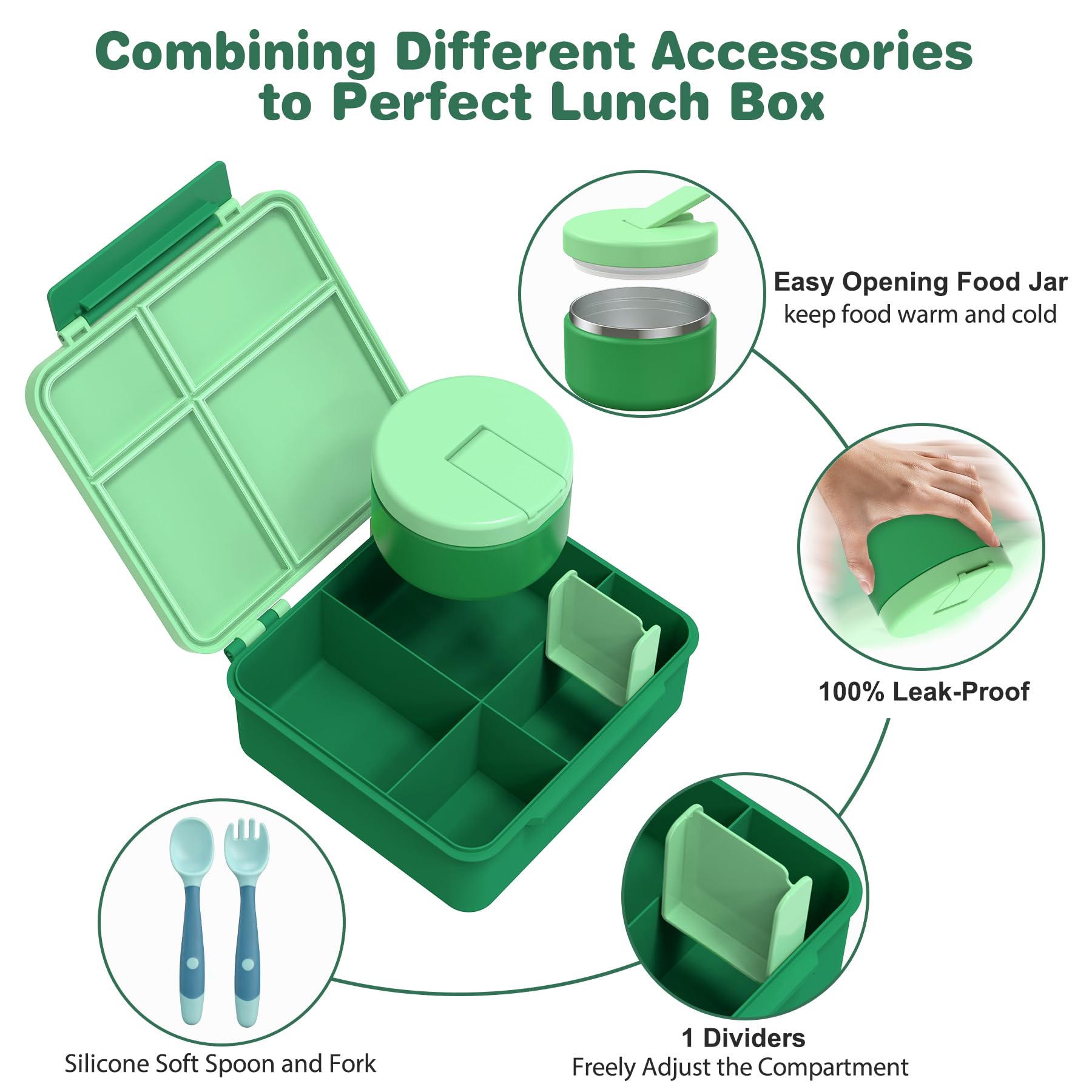 Itslife Fiambrera Infantil con 300ml Termo para Comida, Bento Box para Niños, Lunch Box con 4 Compartimentos y Cubiertos, sin BPA, Fiambrera para Niños a Prueba de Fugas, Verde