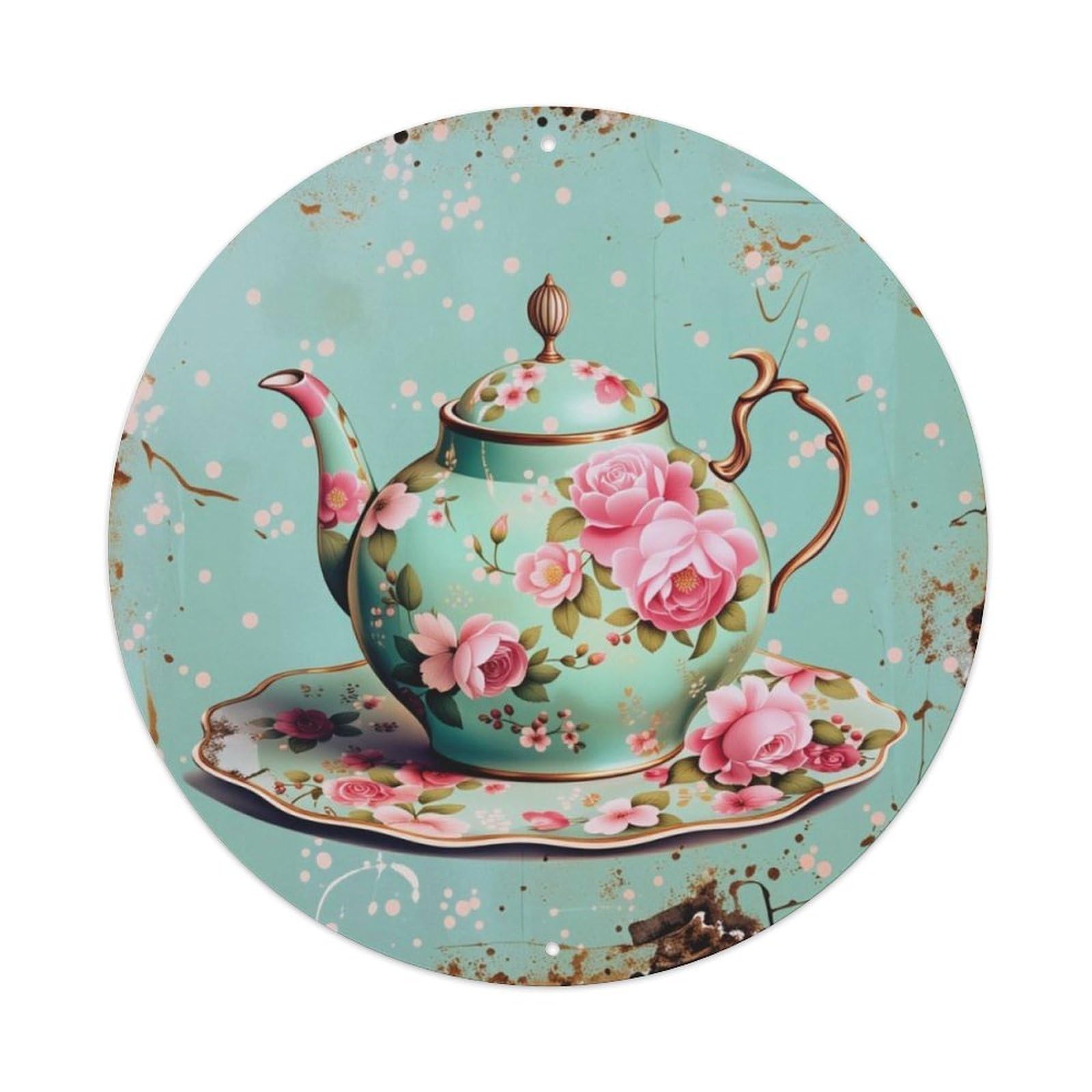 Vintage Floral Rose Teapot Round Wall Decor Sign Vintage Aluminium Metal Sign, Retro Wall Decor for Home, Bar, Garage & Farmhouse 20x20cm