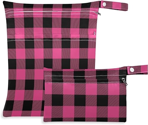 Miniatura 1 de visesunny Pink Buffalo Plaid Classic Pattern - Bolsa húmeda de 2 piezas con bolsillos con cremallera, lavable, reutilizable, espaciosa para viajes,