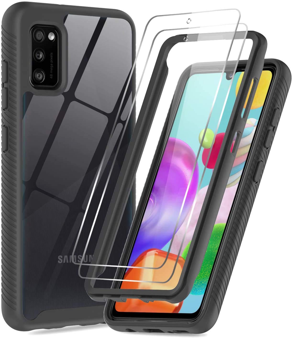 Suordii Case for Samsung Galaxy A42 5g Case with Tempered Glass Screen(2pack), Full-Body Protective Rugged Bumper Cover [Crystal Clear] Shockproof Impact Resist Durable Phone Case - Black