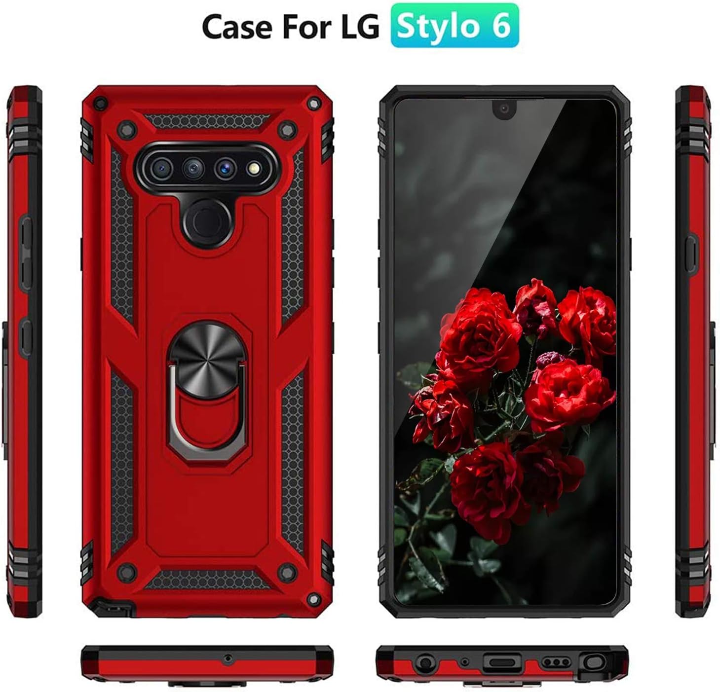 TJS Compatible with LG Stylo 6 Case, with [Full Coverage Tempered Glass Screen Protector][Defender][Metal Ring][Magnetic Support] Kickstand Heavy Duty Drop Protector Phone Case Cover (Teal)