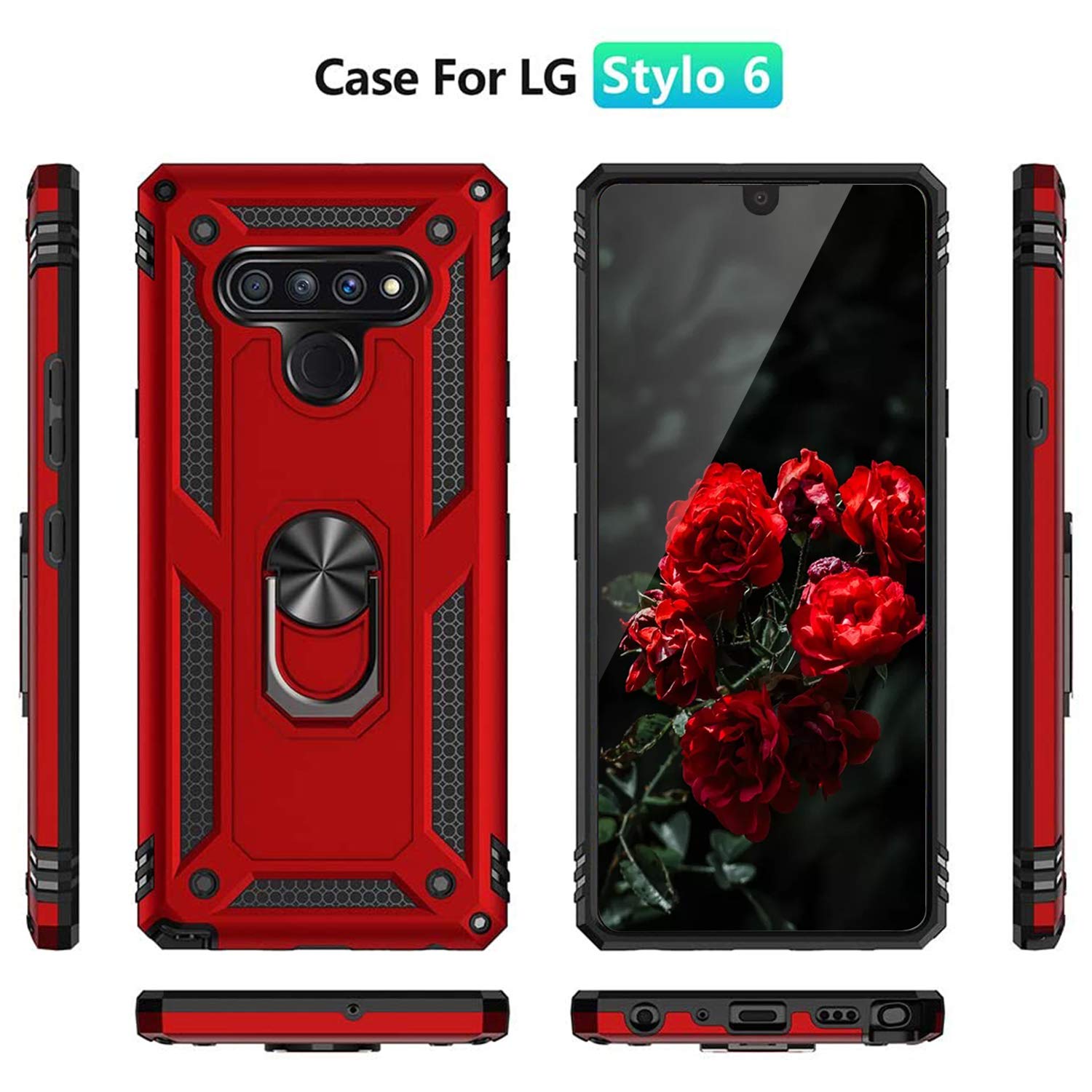 TJS - Funda para LG Stylo 6, con protector de pantalla de cristal templado de cobertura total, resistente a los impactos, anillo de metal, soporte magnético, protector de armadura