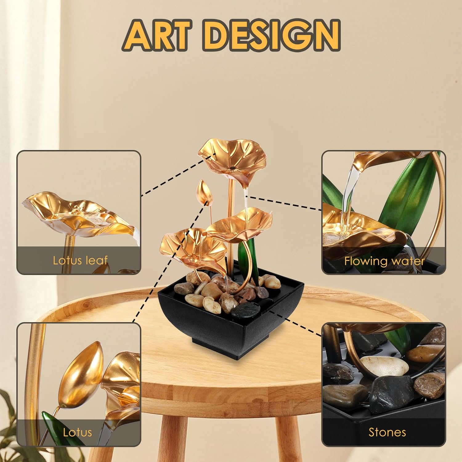 Tabletop Fountain USB Powered Small Waterfall with Rocks Relaxation Creative Fountains Desktop Waterfall Decoration Mini Fountain Ornament for Table Office Bedroom Decor