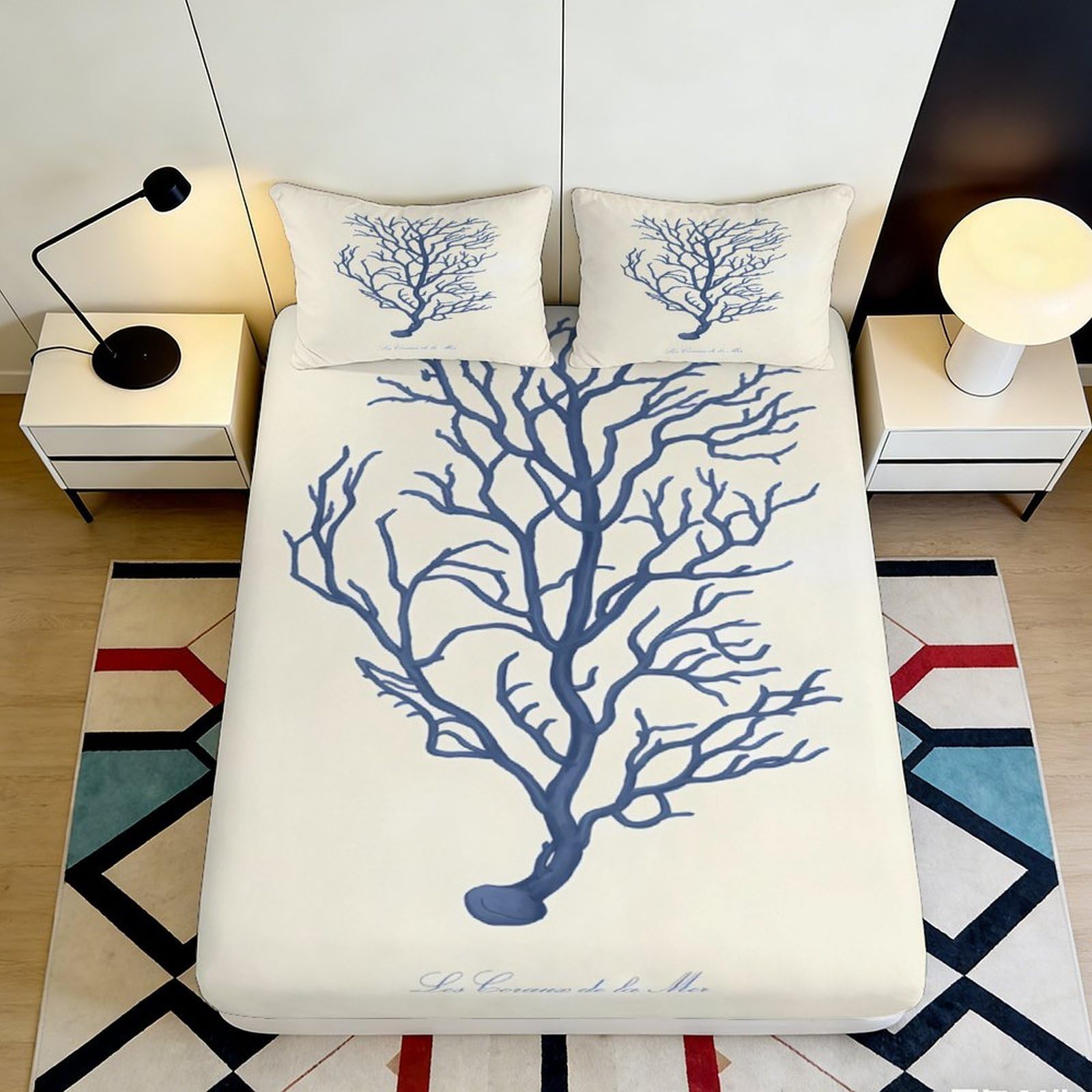 3D Printed Blue Coral Fitted Sheet Microfiber Soft Anti-Slip Sea Branch Mattress Cover for Bedroom Guest Room Decor 180x200x25cm