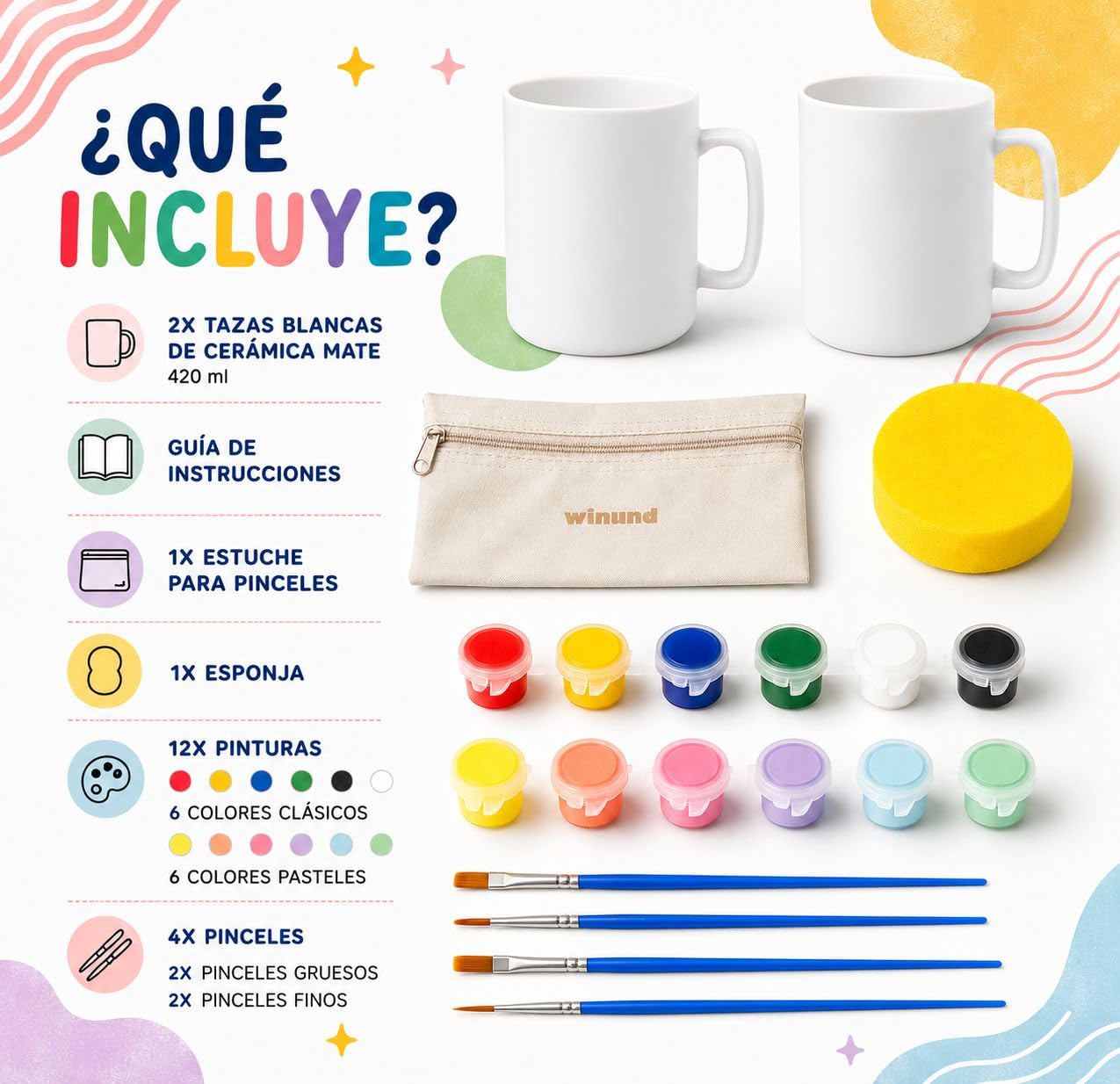 Winund – Set de 2 Tazas para Pintar con Pinturas Cerámica (12 Colores Pastel + Estándar), Pinceles, Esponja e Instrucciones – Manualidades Creativas y Regalo Original para Adultos y Niños
