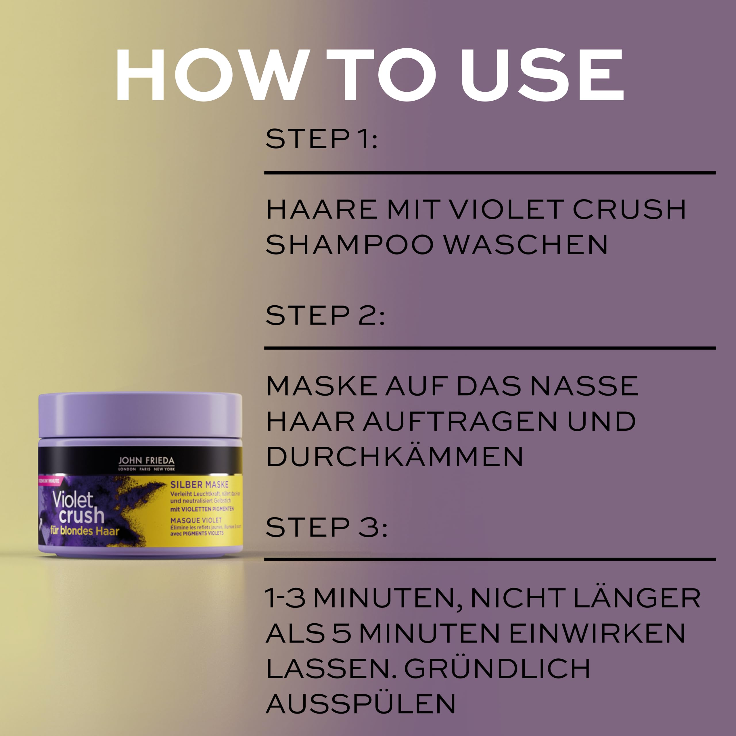 John Frieda Violet Crush srebrna maska – zawartość: 250 ml – do włosów blond – neutralizuje żółte odcienie – naprawia uszkodzenia włosów