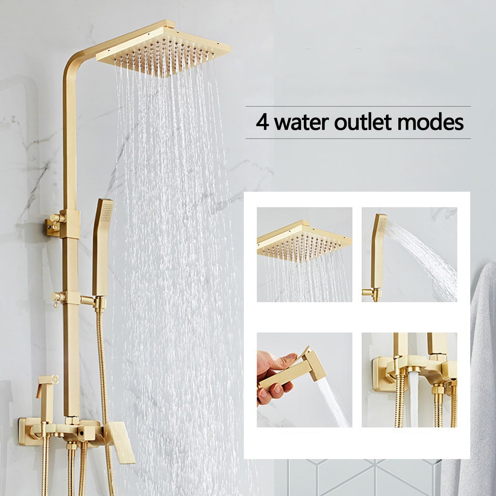 Asta Doccia con Soffione e Doccetta Altezza Regolabile Colonna Doccia con Miscelatore Oro 4 Modalità di Flusso D'acqua per Bagni Domestici e Spazi Commerciali