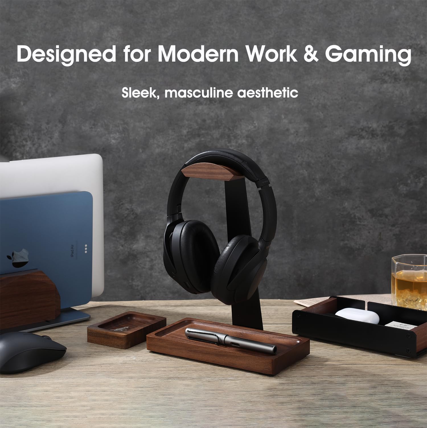 Soporte para auriculares de madera de nogal y aluminio, soporte universal para auriculares modelo A