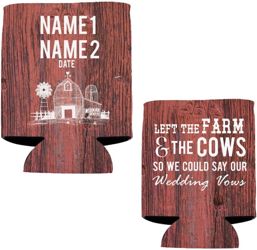 VictoryStore Custom Wedding Can Coolers – “Left the Farm and Cows” Design – Set of 150 Personalized Barn-Themed Drink Sleeves – Fits 12 oz Cans & Bottles – Rustic Wedding Favors – Made in USA
