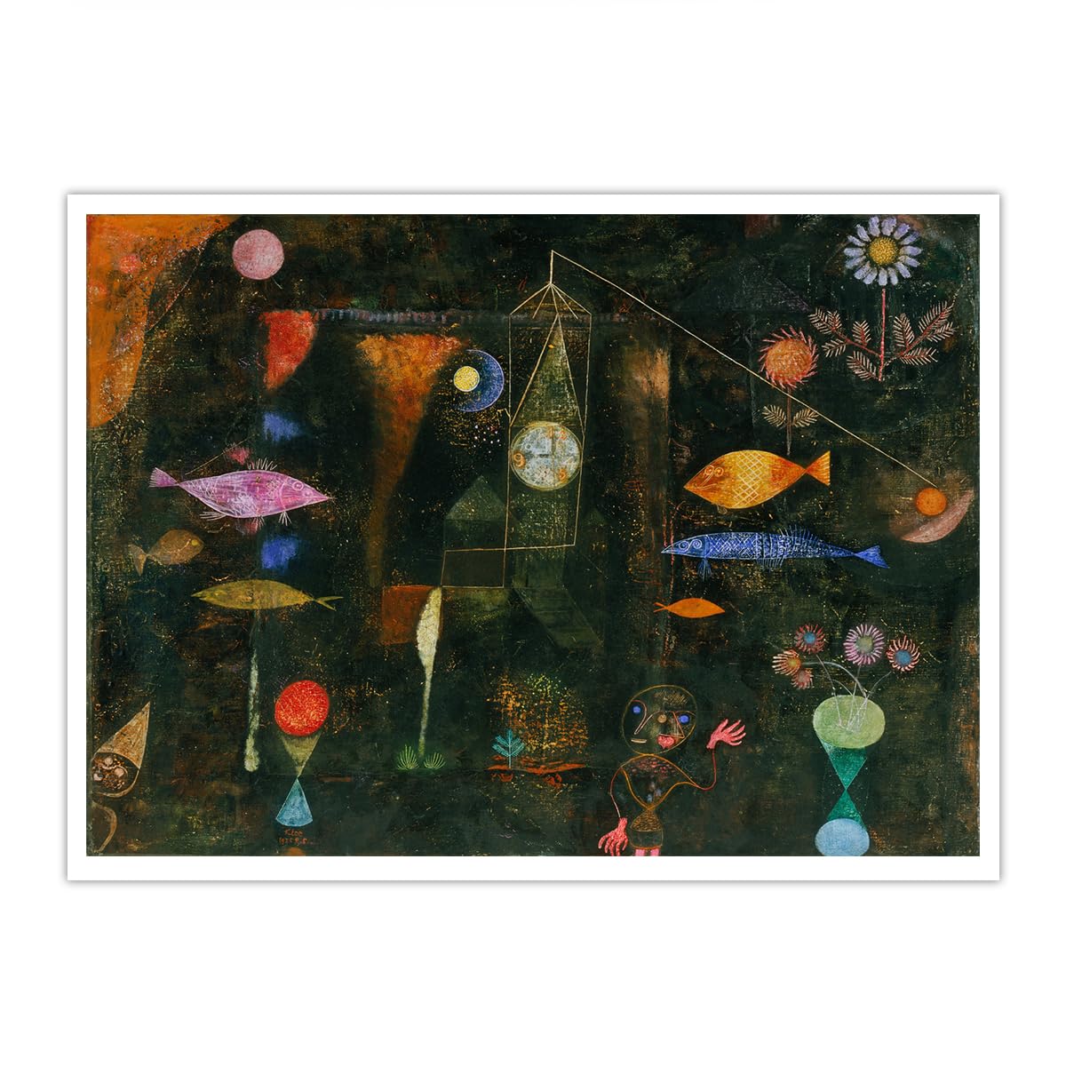 SHENGPOSTER Paul Klee Fish Magic Giclee Print Canvas Art Whimsical Marine Life Wall Art Vibrant Wall Decor Pictures for Nursery Room Study Dark Green Frameless 40x50cm