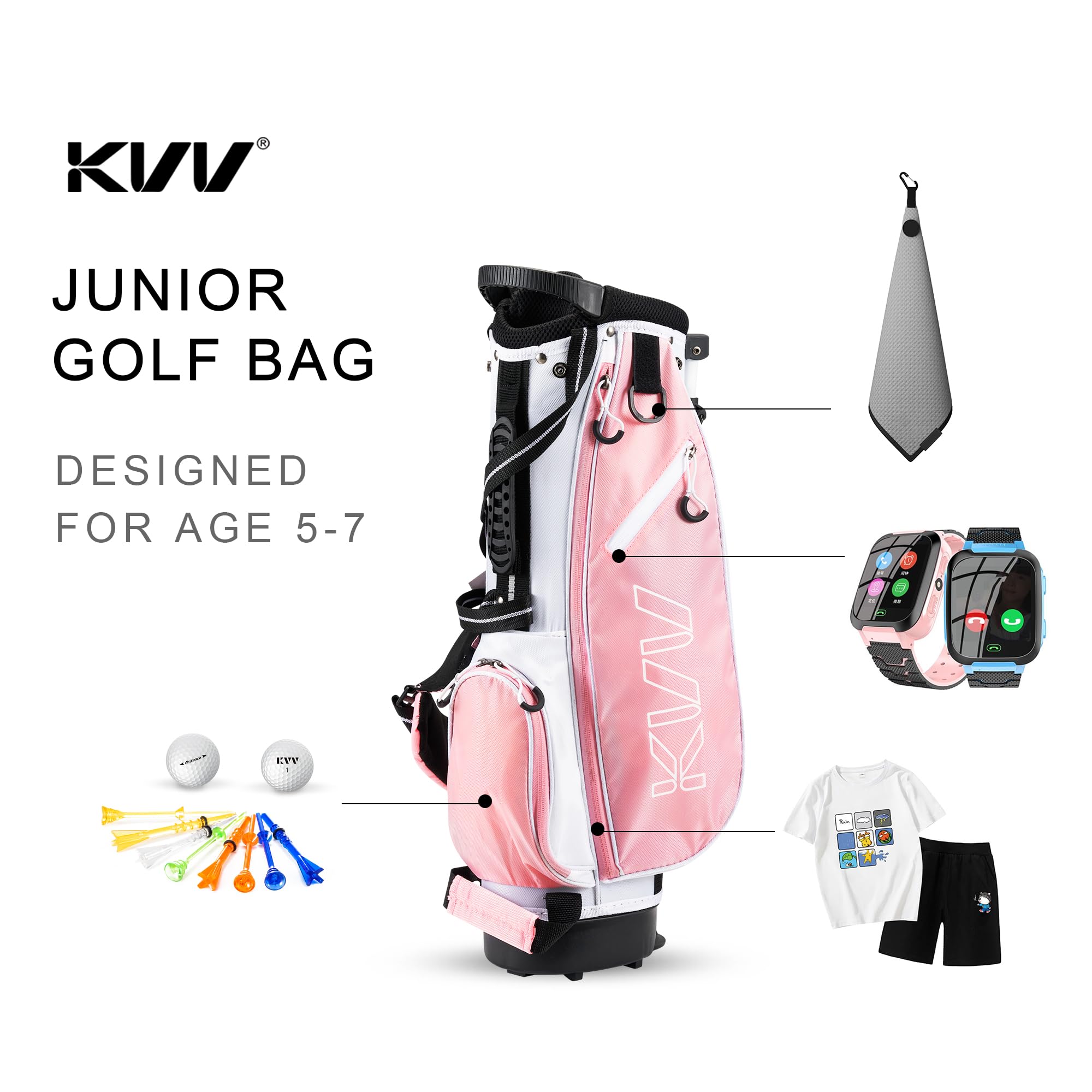 KVV Junior Golf-Standtasche, leichte Golftasche für Kinder im Alter von 5–7/8–10/11–13 Jahren