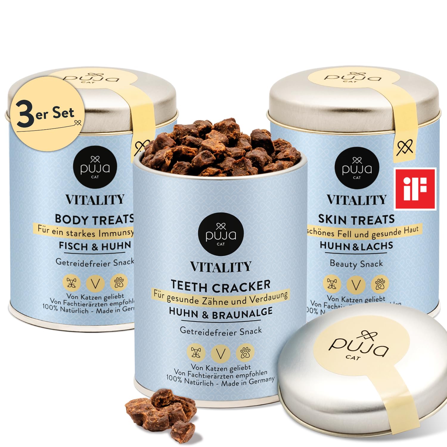 PUJA Snack para gatos sin cereales, triple ajuste con Vitality Body + Vitality Skin + Vitality Teeth para gatos – refuerzo del sistema inmunológico, pelo brillante y dientes sanos, 3 x 150 g