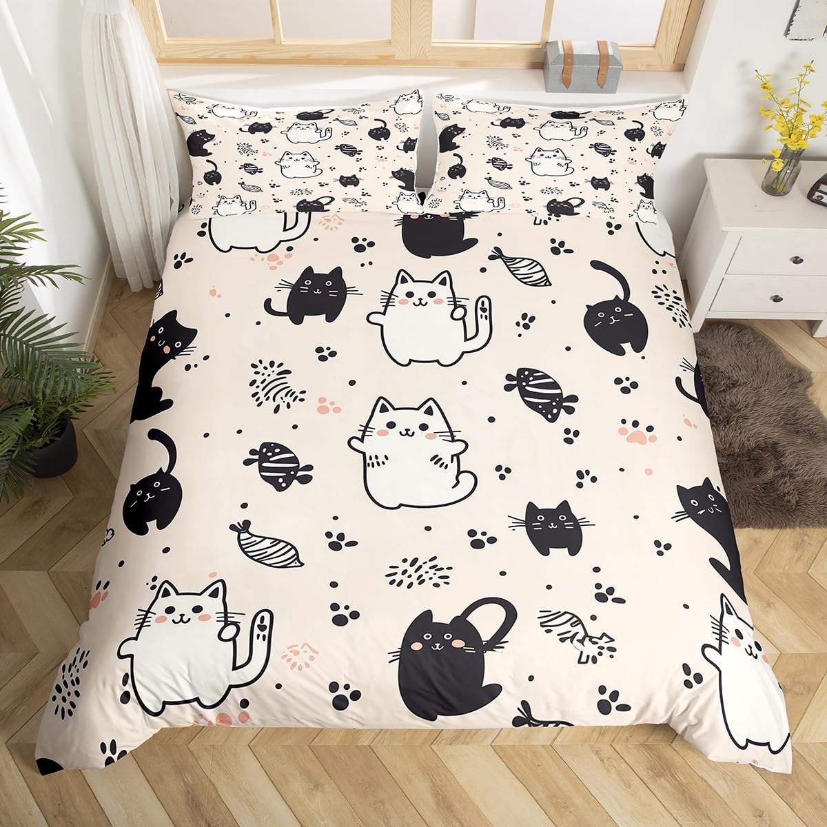Homewish Kawaii kot dziewczynki podwójna poszewka na kołdrę czarno-biały kot tematyczny zestaw pościeli uroczy mały kot ślad poszewka na kołdrę, kreskówka kotek łóżko zestaw dla dzieci dzieci