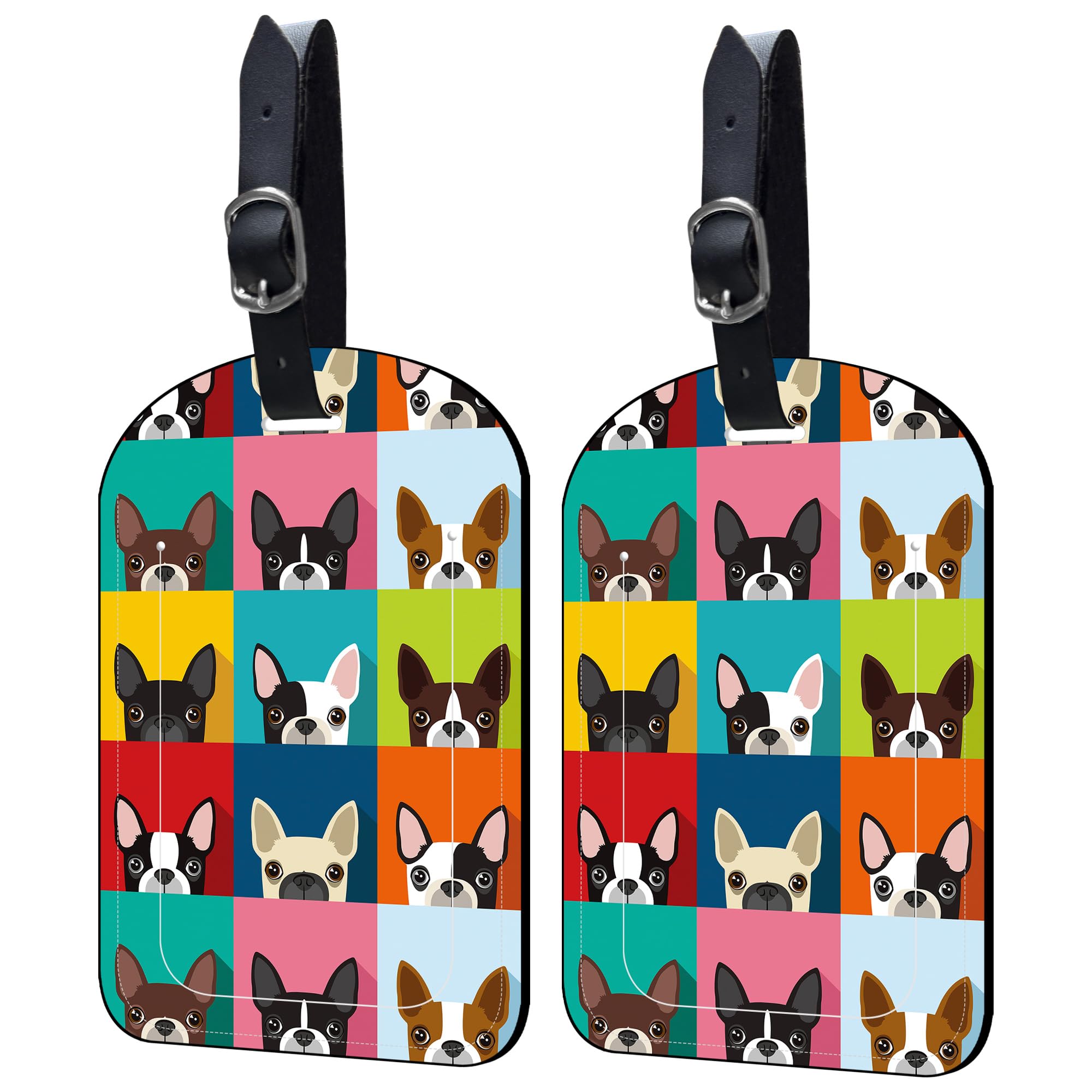 NeidiusNeidius 2 Pack Luggage Tags Boston Terrier PU Leather Baggage Handbag Suitcase Tags with Secure Strap Privacy Cover ID Labels,Business Travel Baggage Tag Identifier