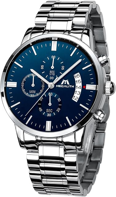 MEGALITH Montres de poignet en argent pour hommes: Robe Classic en acier inoxydable Imperméable Chronographe - Cadeaux pour Mari Papa Boyfriend Anniversaire & Fête des Pères