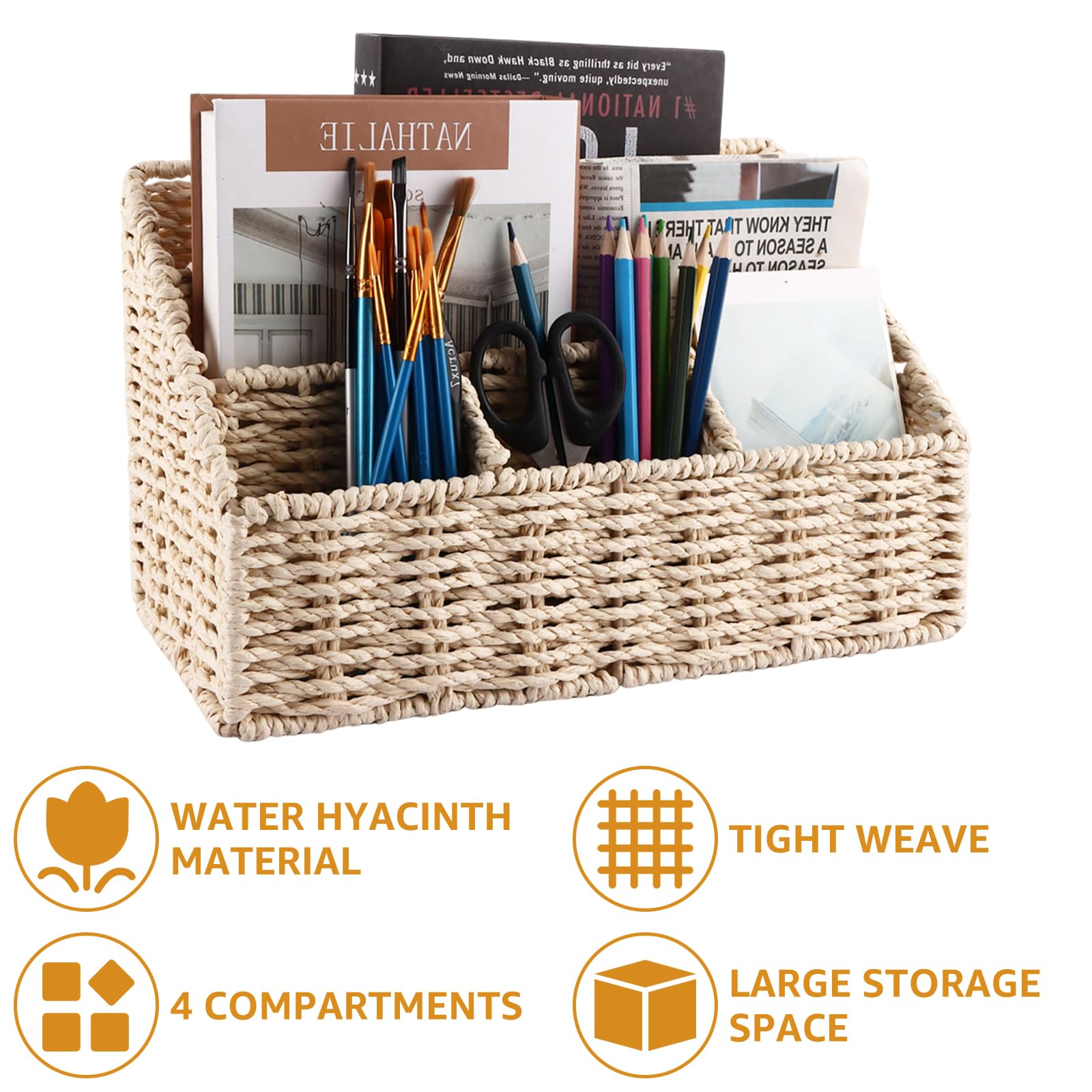 DAJAVE Lot de 2 organisateurs de bureau tissés naturels pour stylos et notes, 31,5 x 15,5 x 20 cm, organisateurs de bureau