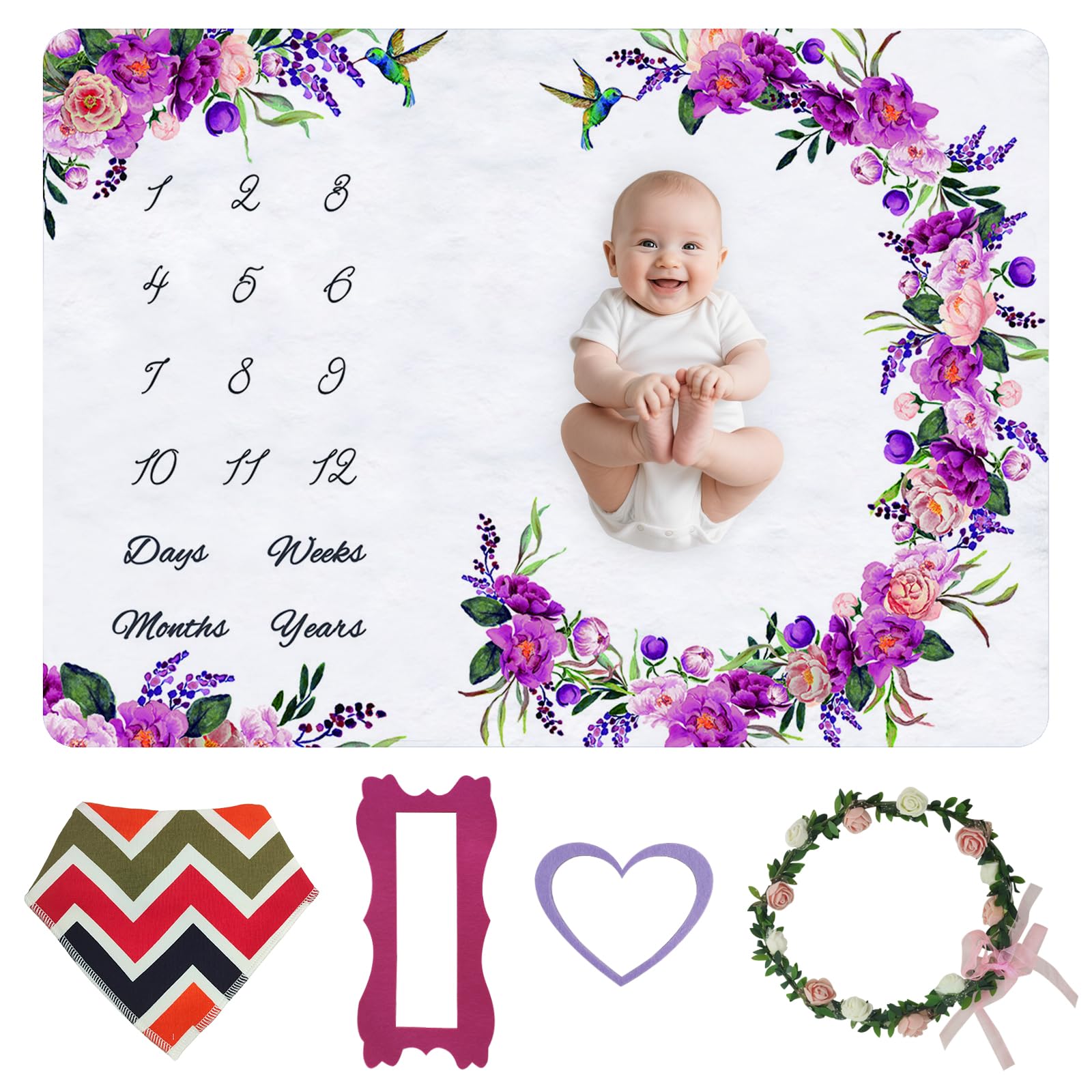 wocharm Baby Milestone Mat Blanket Photo Prop with Floral Numbers Newborn Boy Girl Gift(Purple), 40in x 60in