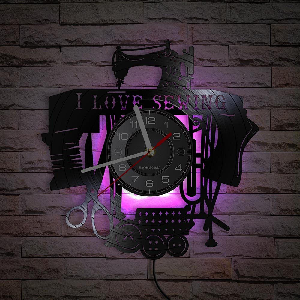 Smotly With Lights Vinyl Clock, Creative Retro Sewing Machine Design Clock Decoration, Artistic, Suitable For Any Wall Decoration! (With Light/Gift: Hook+Gift Bag)