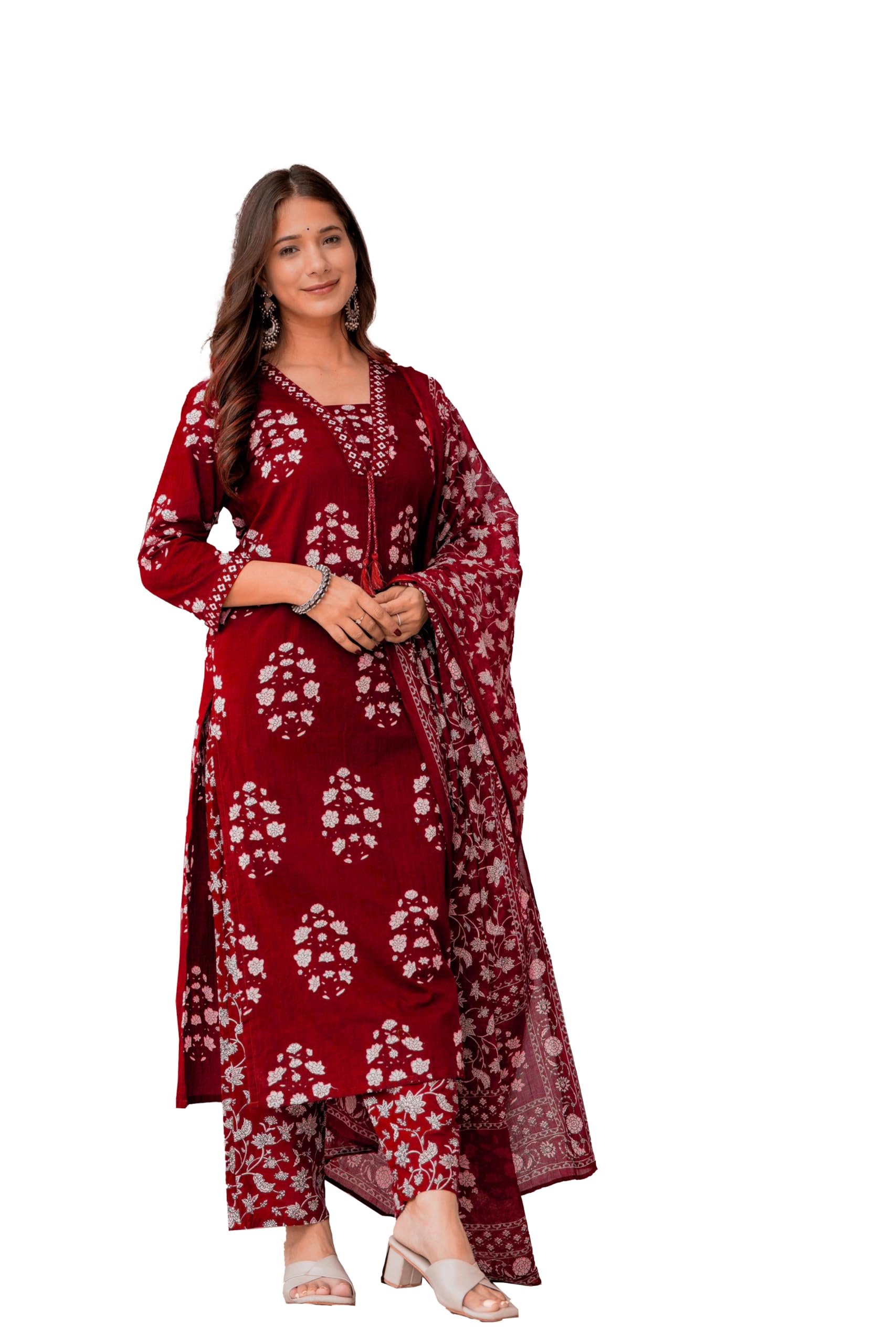PARTHVI Women's Pure Cotton Printed Straight Kurta Set with Palazzo Pants & Dupatta- Ethnic Wear, Green discount deal