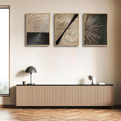 Miniatura 3 de 3 piezas de lienzo abstracto de grano de madera retro, arte de pared minimalista con textura de línea dorada negra, cuadros geométricos neutros,