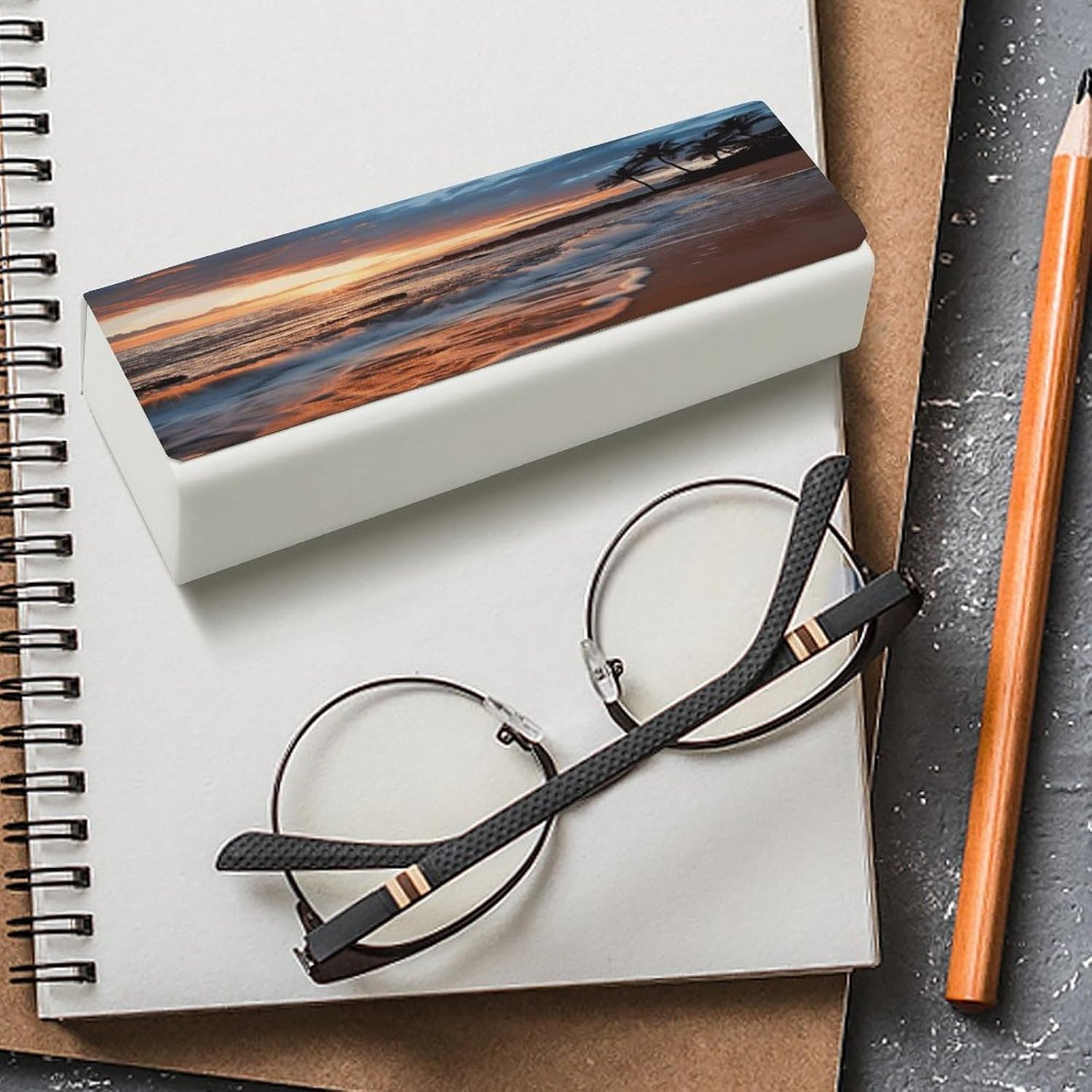 Beach Maui Hawaii Sunset Eyeglasses Case Leather Reading Glasses Cases Unisex Hard Shell Eyeglass Case Classic with Cleaning Cloth Large Sunglasses Cases for Women Men, Sunglass Eyeglasses