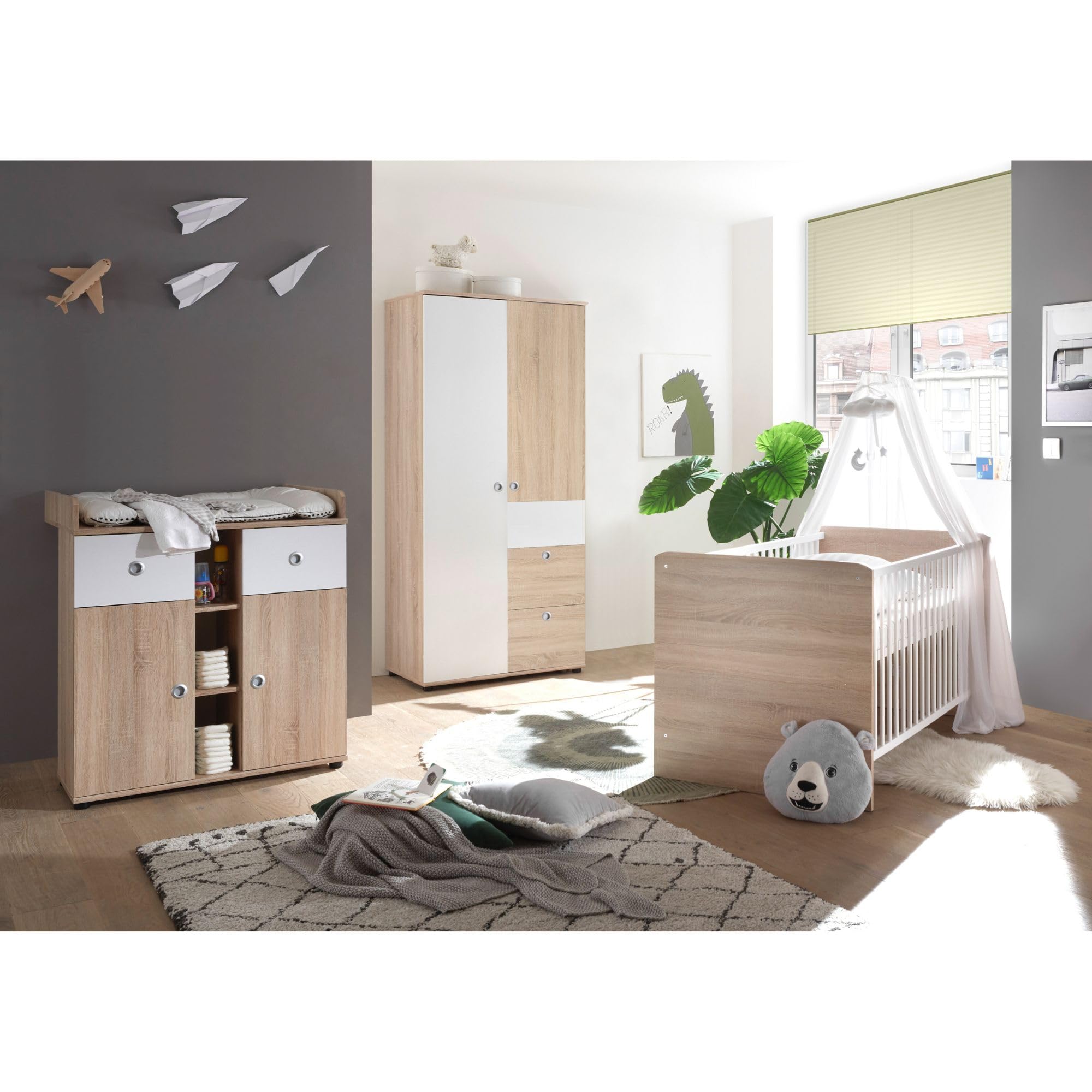 Stella Trading Wiki Completo Cameretta Bambini 3 Pezzi Rovere Armadio Culla Fasciatoio Legno Quercia Sonoma Bianco