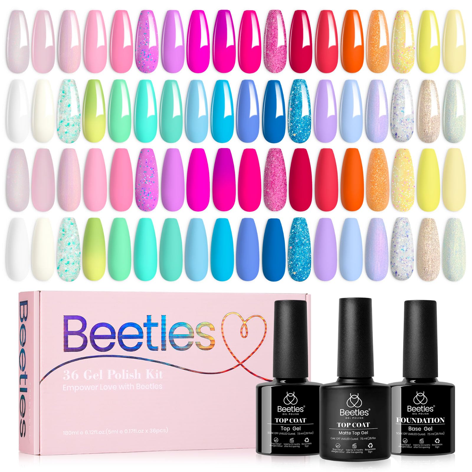 beetles Gel PolishSet - 39Pcs Neon Gel Nail Polish Pink Red Blue Purple Polish All Season Nails with Base Top Coat Soak off Uv LED Lamp Colorful Candies Manicure Kit DIY Home Gifts for Women Girls