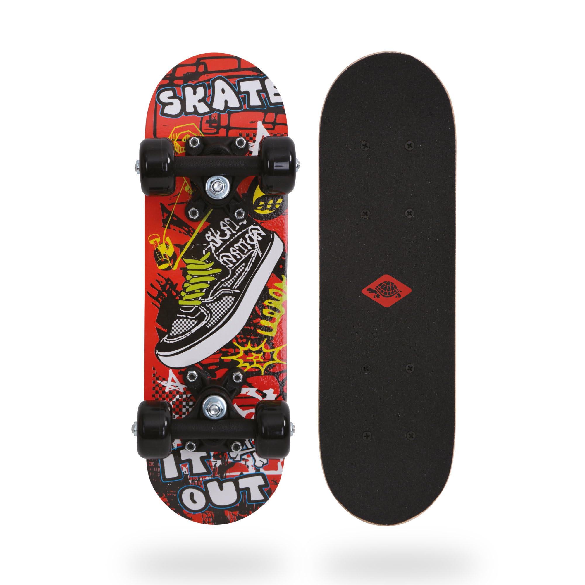 Schildkröt Mini Skateboard 17" | Tabla de Madera para Niños a Partir de 4 Años | Diseño Multicolor Divertido | 43x13 cm | Ruedas de Plástico con Rodamientos | Antideslizante y Ligero