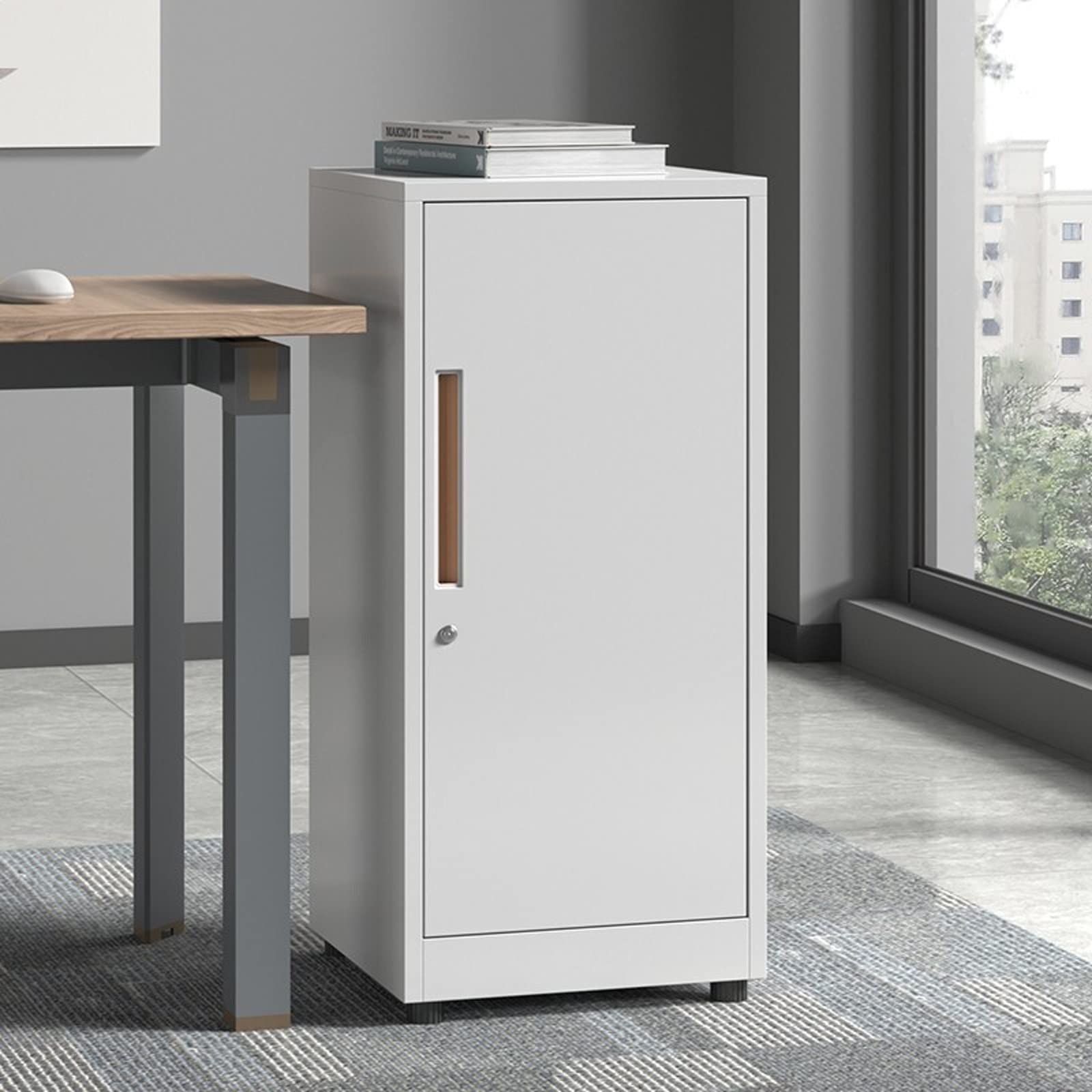 Armadietto sottile con serratura per casa e ufficio, archiviazione sicura con porta singola, design moderno, colore bianco, ideale per documenti, ufficio e soluzioni salvaspazio