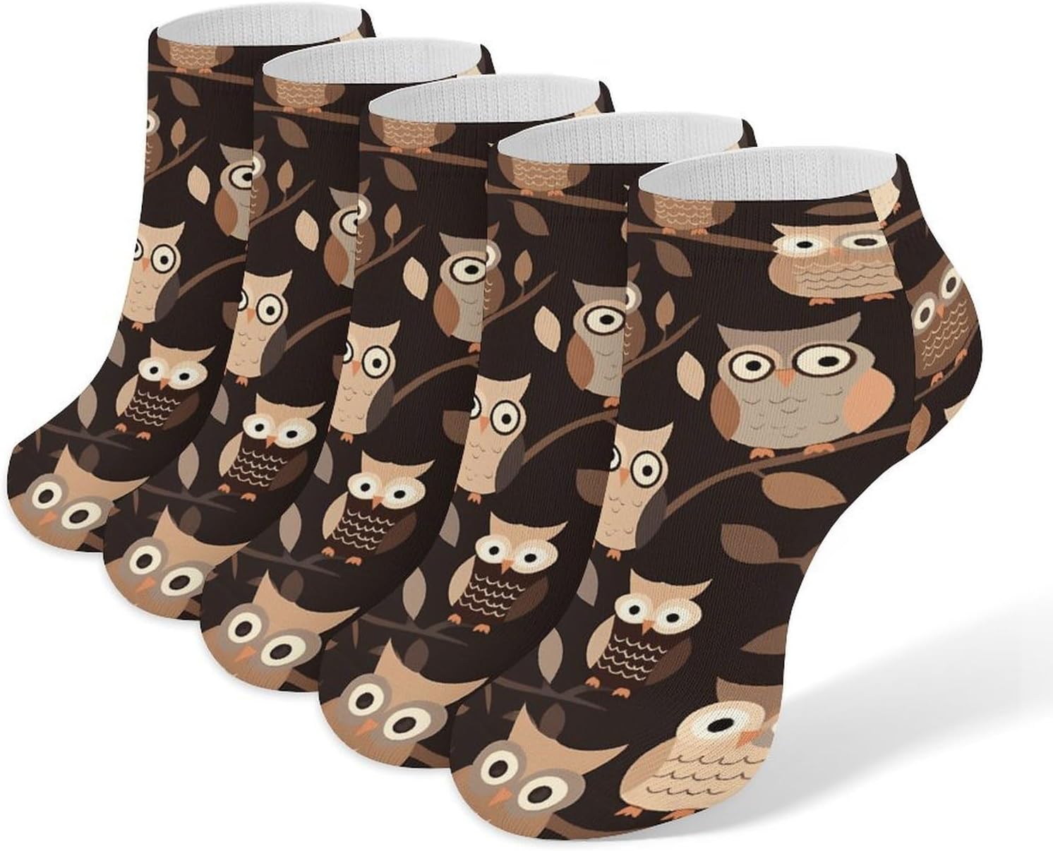 Cute Brown Cartoon Owls 5 Pairs Ankle Socks, Breathable Crew Sock