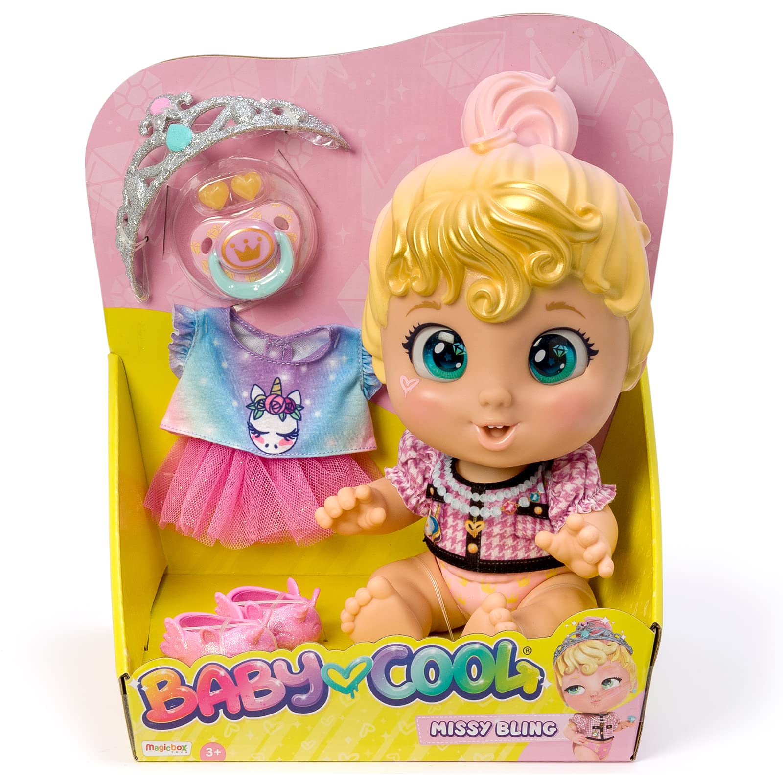 Baby Cool Missy Bling - Muñeca con Ropa, Zapatos y complementos exclusivos de Moda de Estilo glamuroso y Brillante. Incluye 2 Camisetas, 1 tutú, 1 Chupete, 1 Diadema y Pendientes, Multicolor