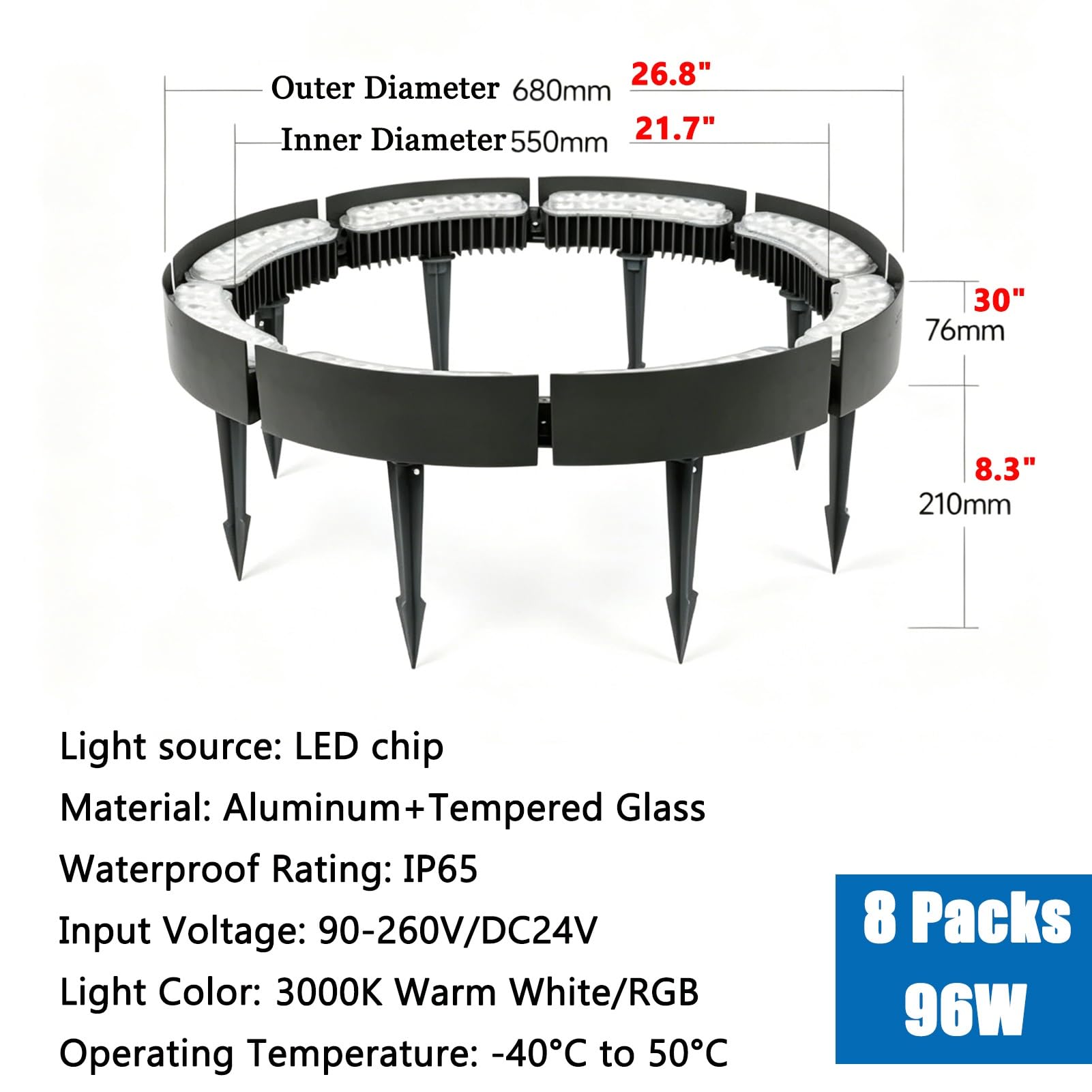 Zewnętrzna Lampa Pierścieniowa Z Palikiem Uziemiającym, Kolorowa Dioda LED DC 24 V IP65 Wodoodporna Palma Rzymskie Kolumny Podświetlające Reflektory Krajobrazowe(Cool White,8 Packs)