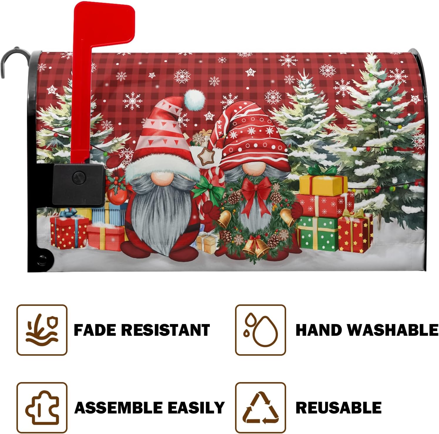 Christmas Winter Gnomes Mailbox Covers Magnetic Buffalo Plaid Xmas Gift Winter Tree Snowflake Mailbox Cover 21" X 18" Waterproof Mail Box Covers Magnetic Standard Size for Yard Home Decor