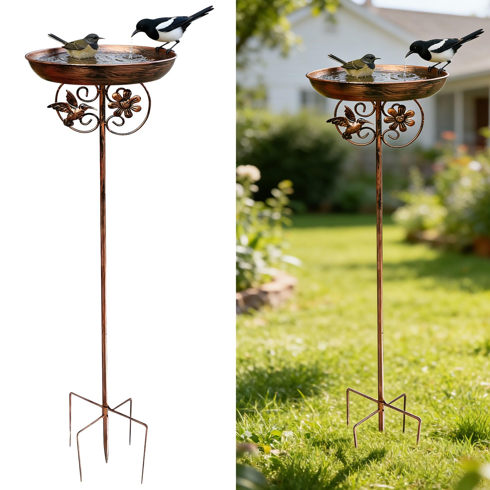 Vogeltränke Stehend Metall Vintage, Vogelbad Garten, 80x25cm, Wassertränke für Vögel, Vogeltränke Winterfest Frostsicher mit Erdspieß, Vogelbad Stehend aus Gusseisen, Antike Bronze (A)