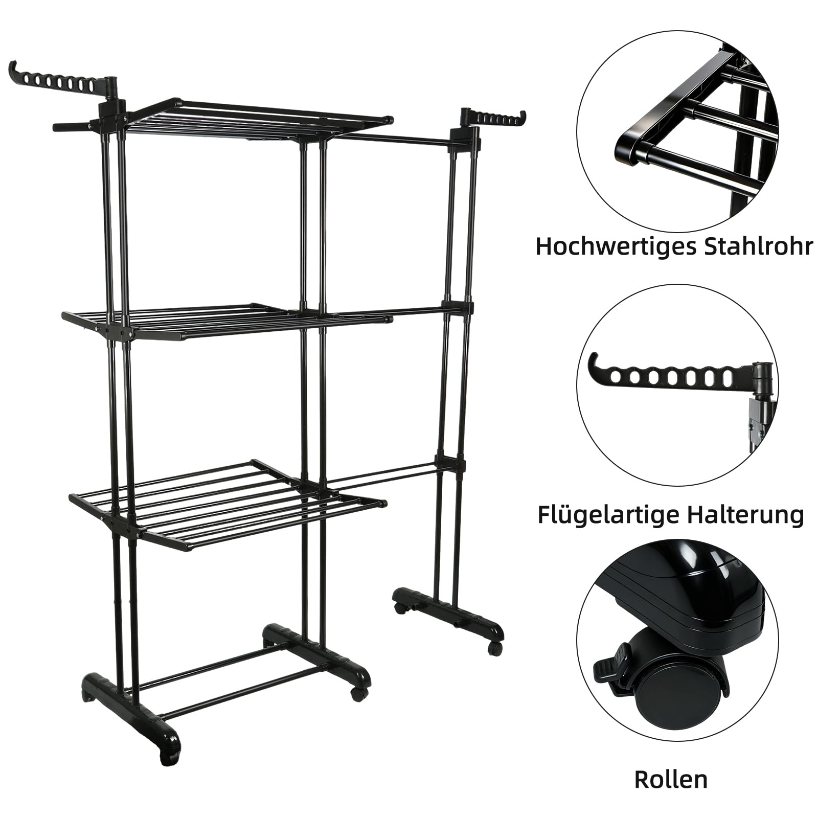 Tendedero de ropa de 4 niveles – Secador de ropa plegable con ruedas, tendedero interior y exterior de acero inoxidable, gran secadora de ropa para lavandería, balcón, 142,5 x 64 x 170 cm (negro)