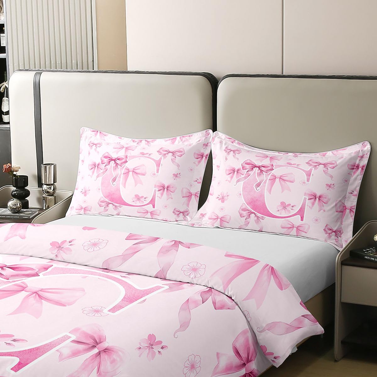 Homewish Początkowa kokarda litera C, akwarela kwiaty wiśni super king zestaw pościeli preppy monogram bawełna poszewka na kołdrę różowa kokardka poszewka na kołdrę zestawy pościeli